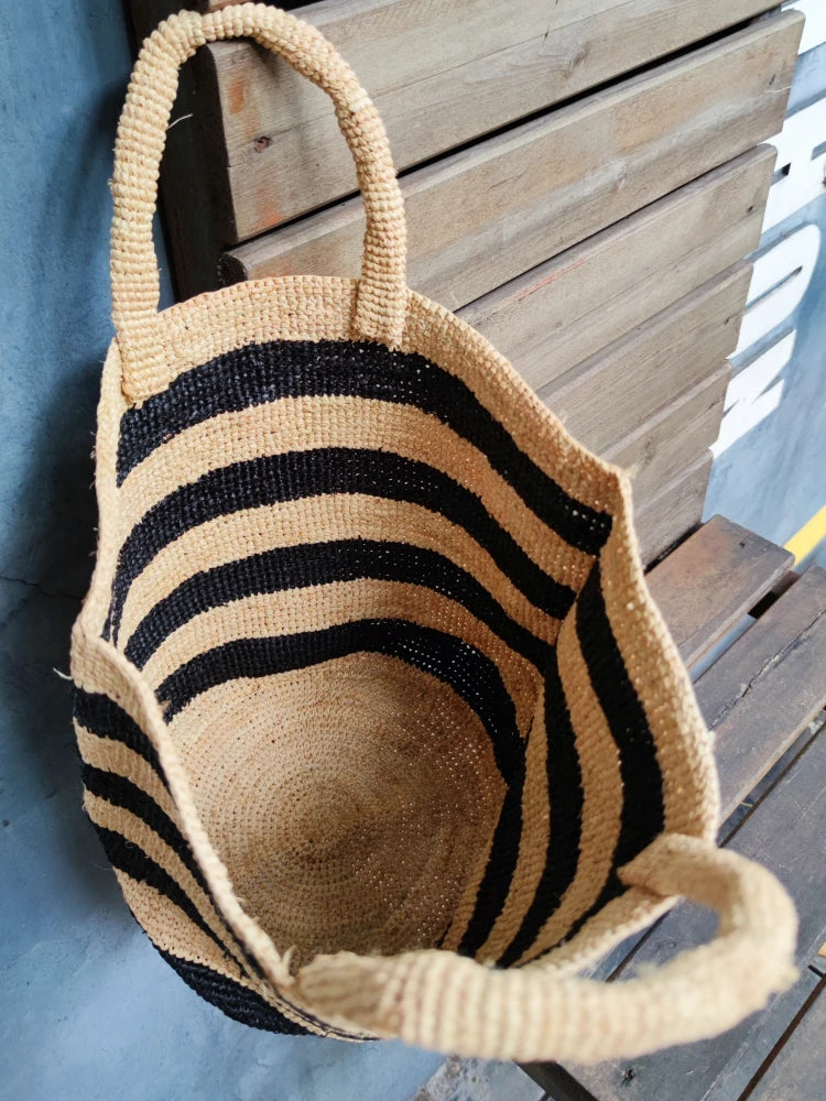 Black Stripe Raffia Bag for Women