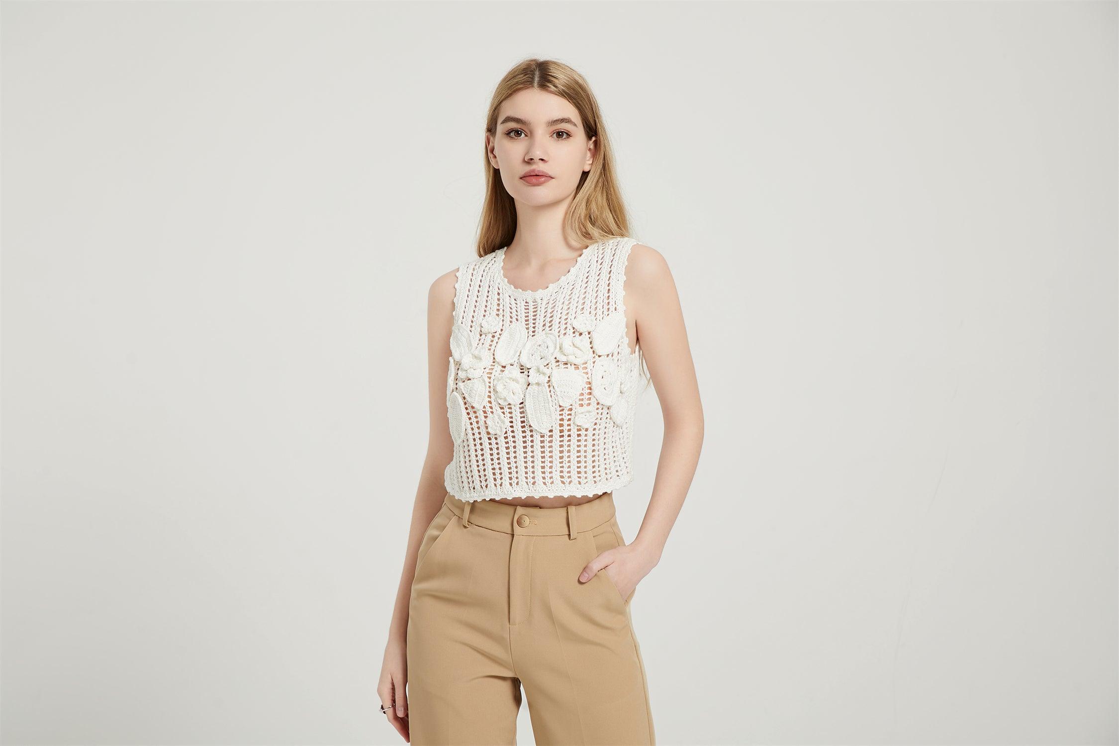 White Crochet Crop Top Cover Up With Hand Crochet Floral