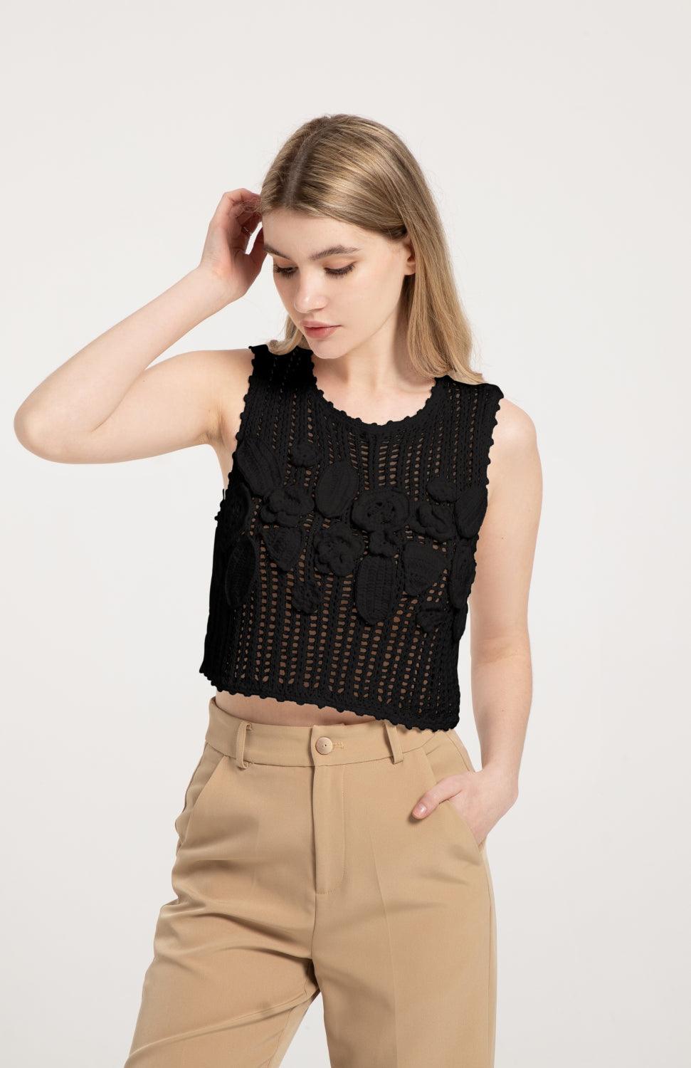 Leafora Crochet Crop Top Cover Up Black