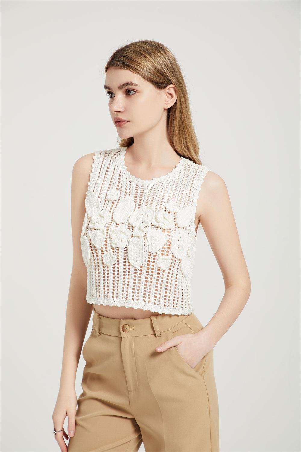 White Crochet Crop Top Cover Up With Hand Crochet Floral