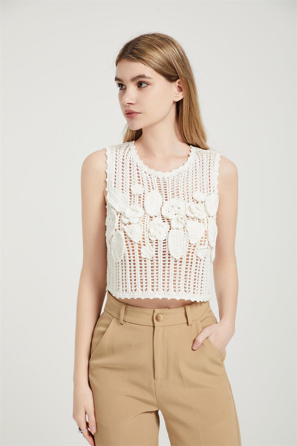 White Crochet Crop Top Cover Up With Hand Crochet Floral