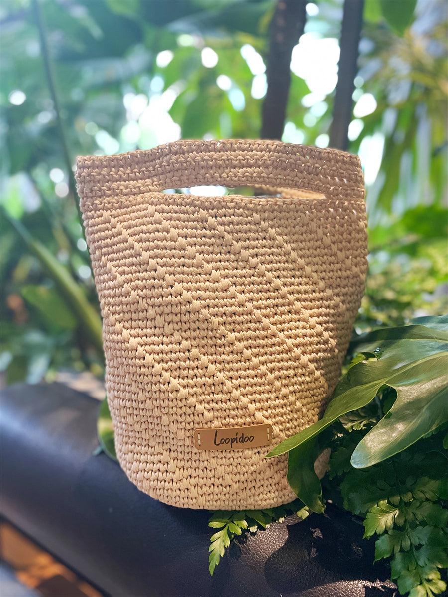 Tilano Hand Crochet Mini Bucket Bag With Leather Bottom Beige