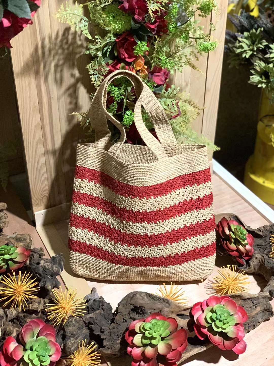 Jolly Raffia Crochet Bag IN Red Stripe