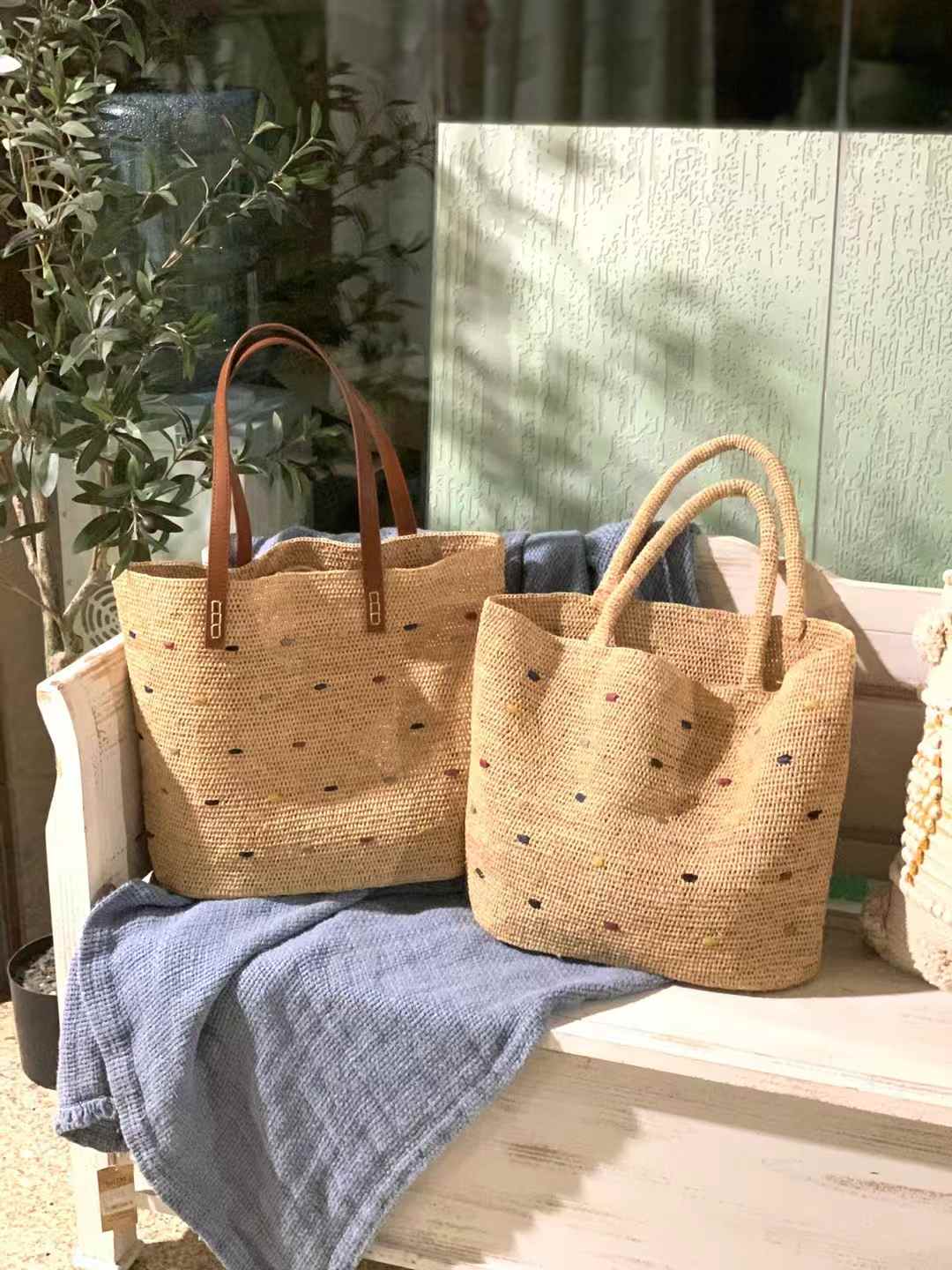 Starry Straw Bag Leather Handle