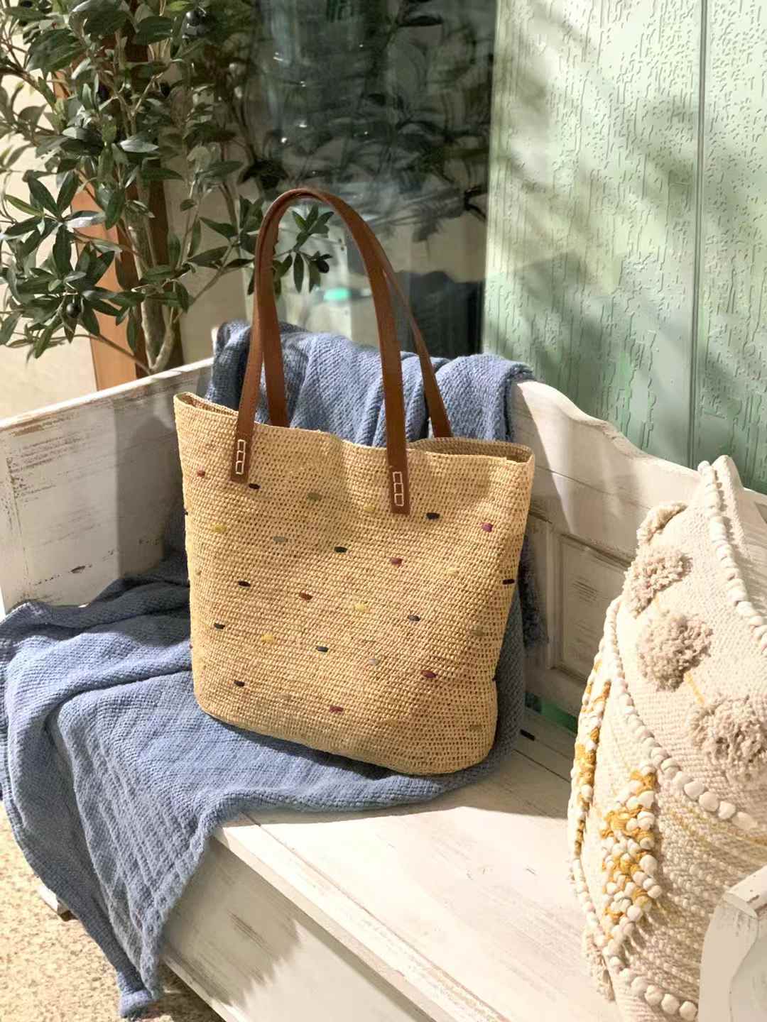 Starry Straw Bag Leather Handle