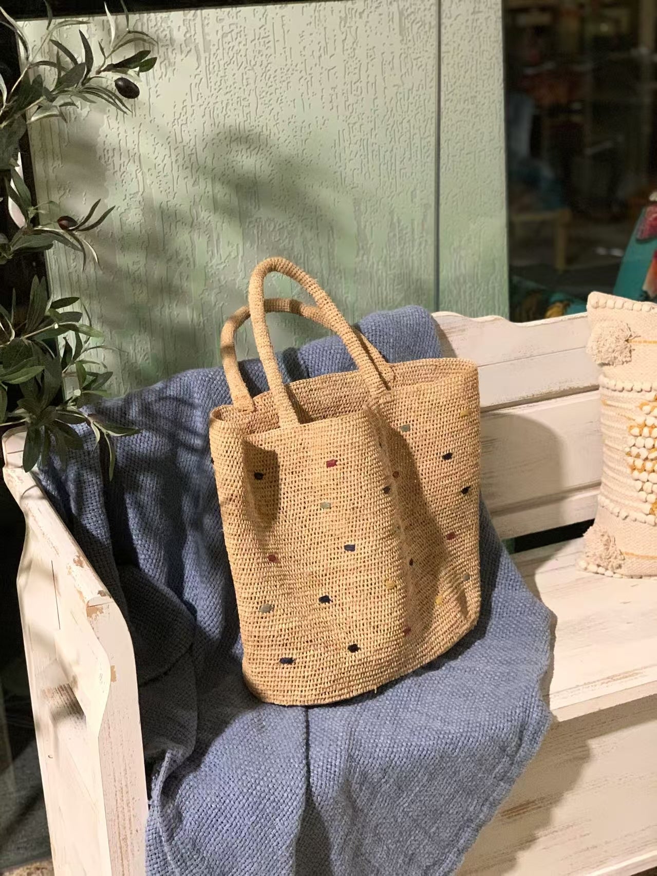 Starry Straw Bag Leather Handle