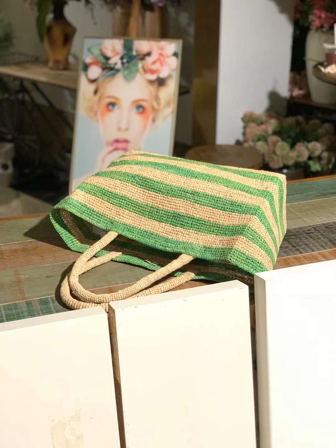 colorful geometric tote bag in green stripes