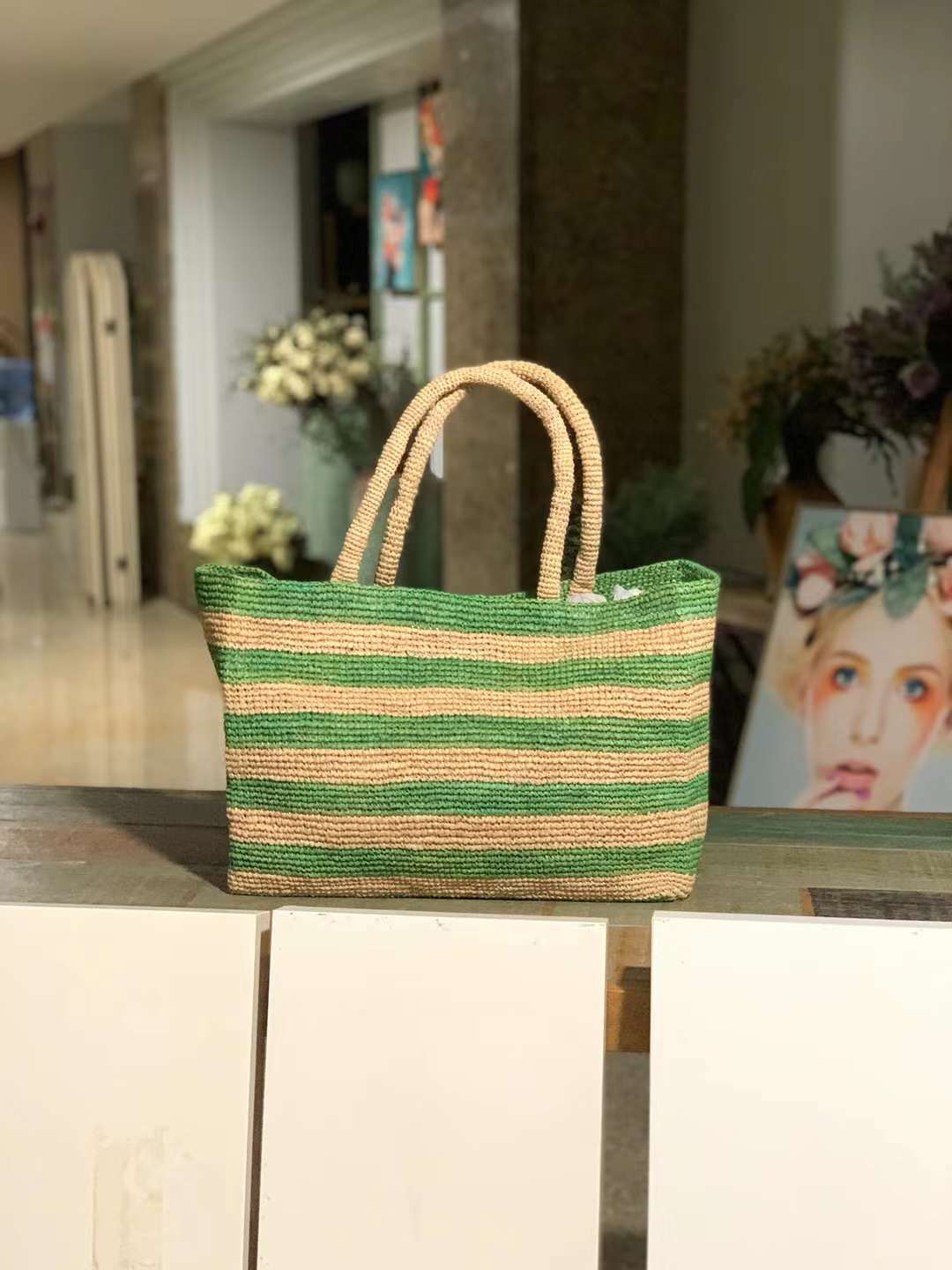 Chun Straw Tote Green Stripe