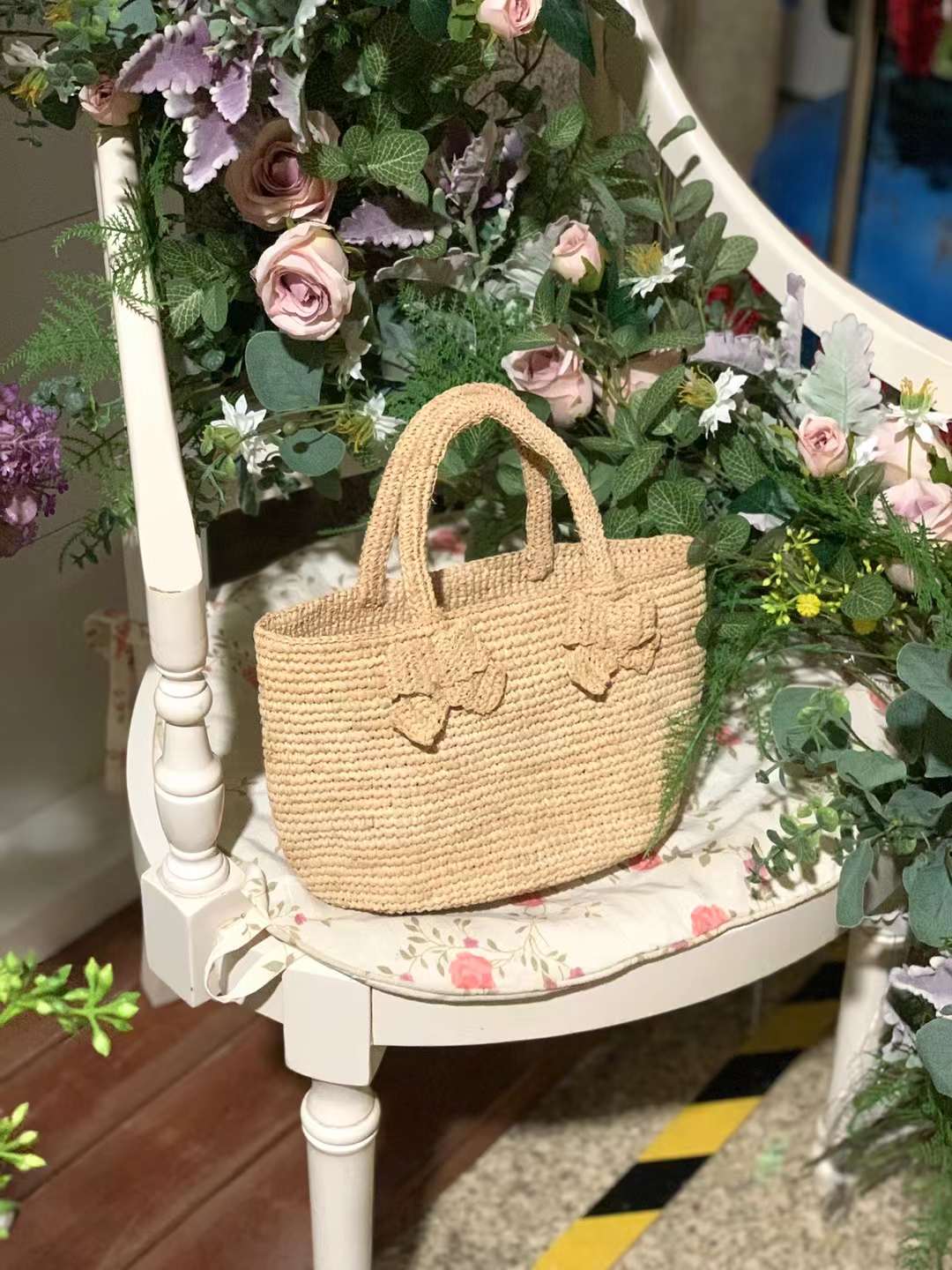 Straw Top Handle Bag for women With Two Bowknot