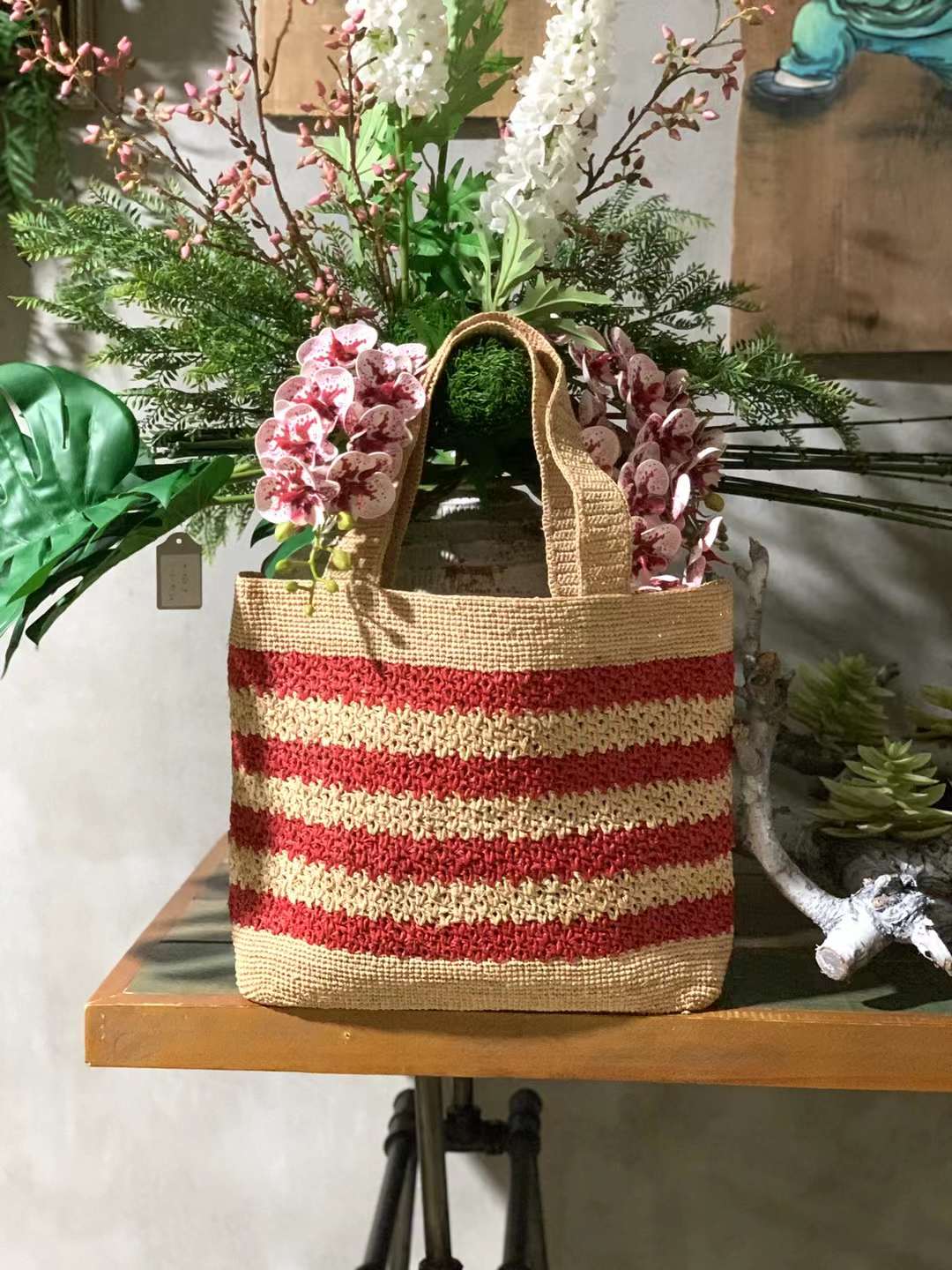 Jolly Raffia Crochet Bag IN Red Stripe