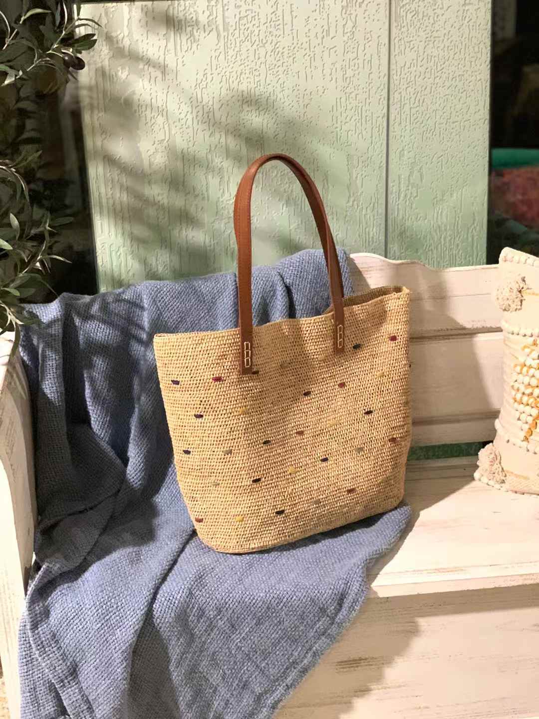 Starry Straw Bag Leather Handle