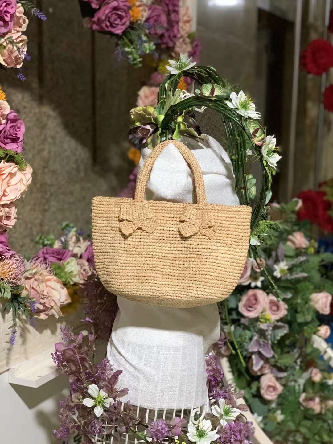 medium size top handle straw bag for women